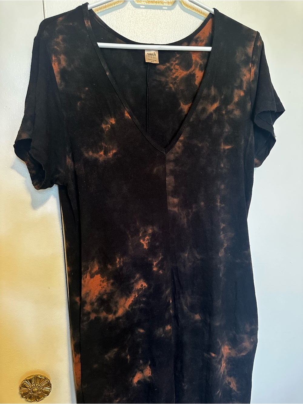 Smash + Tess Black V-Neck Tee with Orange Tie-Dye Pattern